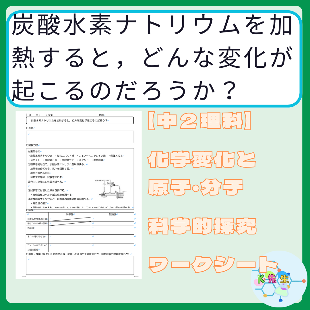 【中２理科】化学変化と原子・分子　「炭酸水素ナトリウムを加熱すると，どんな変化が起こるだろう？」　指導案・ワークシートのファイル