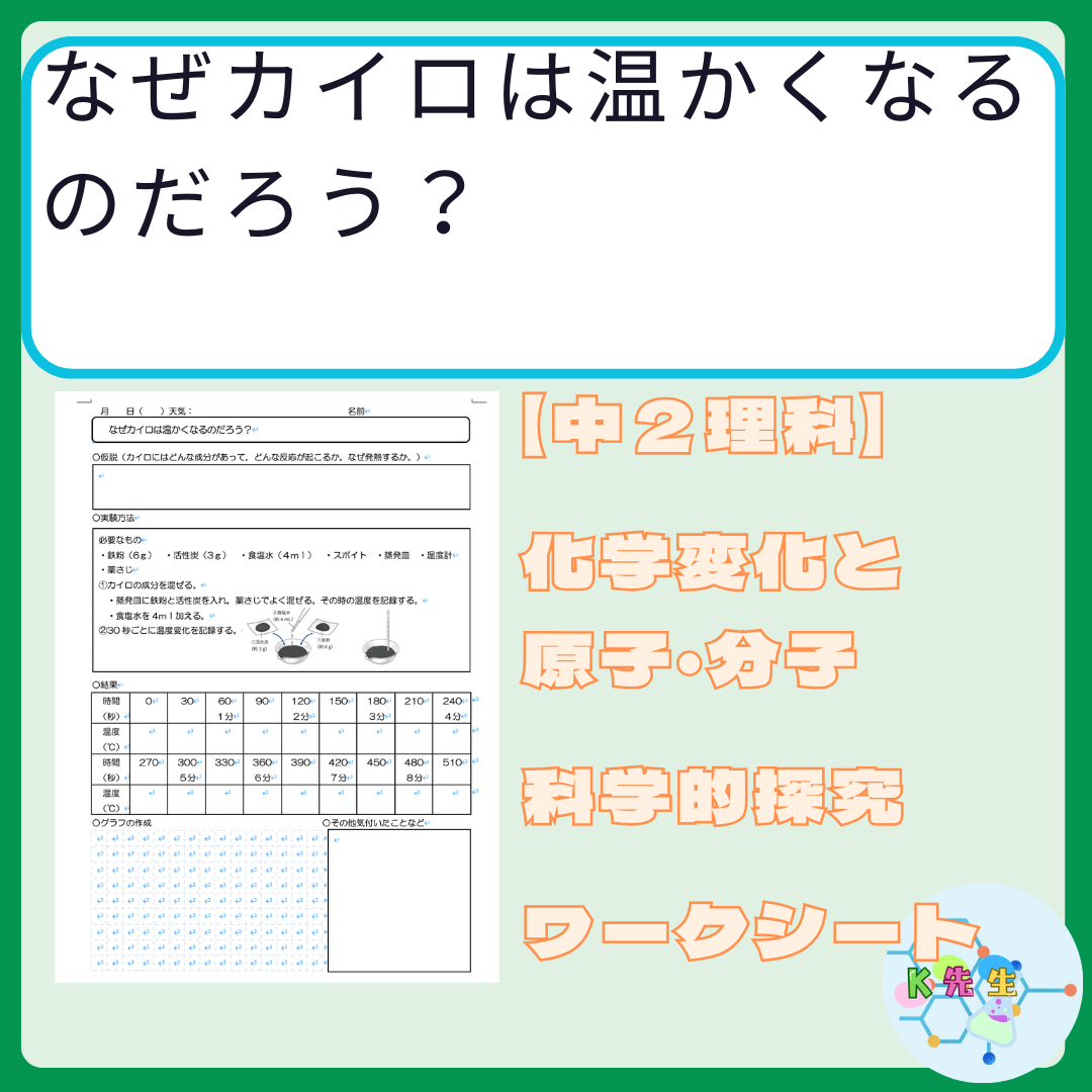 【中２理科】化学変化と原子・分子　「なぜカイロは叩温かくなるのだろう？」　指導案・ワークシート