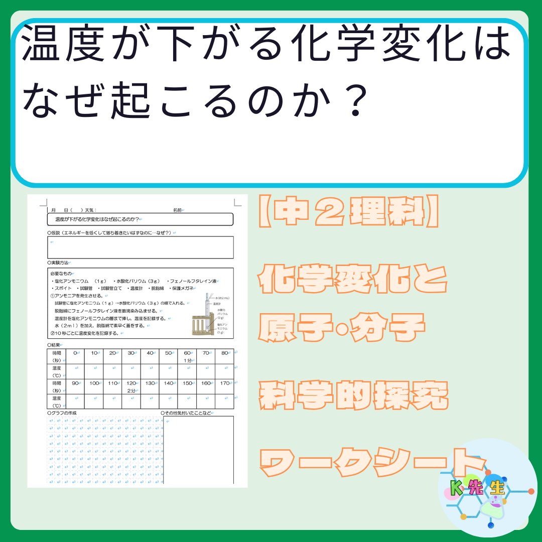 【中２理科】化学変化と原子・分子　「温度が下がる化学変化はなぜ起こる？」　指導案・ワークシート