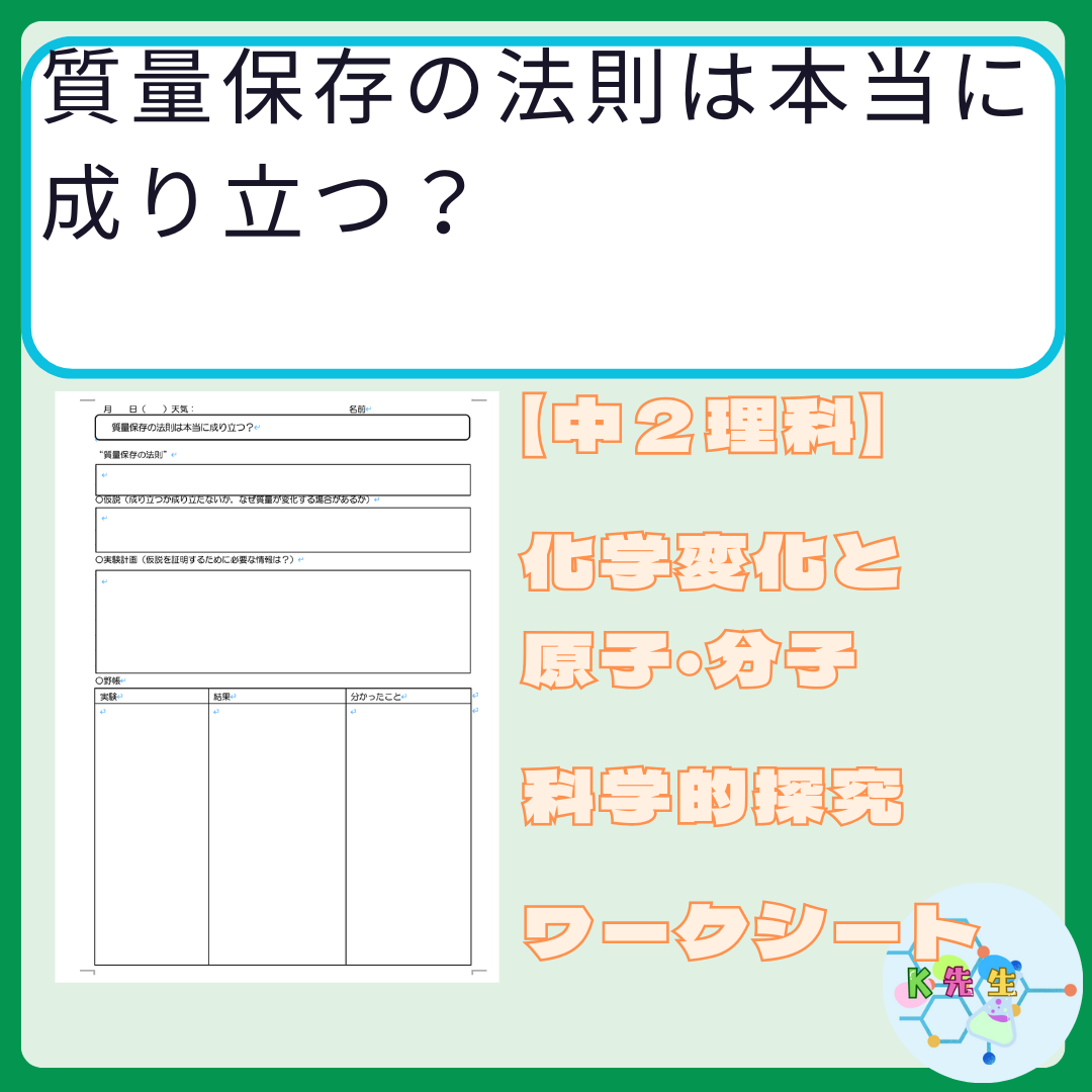 【中２理科】化学変化と原子・分子　「質量保存の法則は本当に成り立つ？」　指導案・ワークシートのファイル